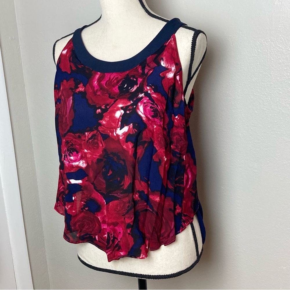 Rose Floral Print Round Neck Top Layered High Low Blouse Navy & Dark Pink